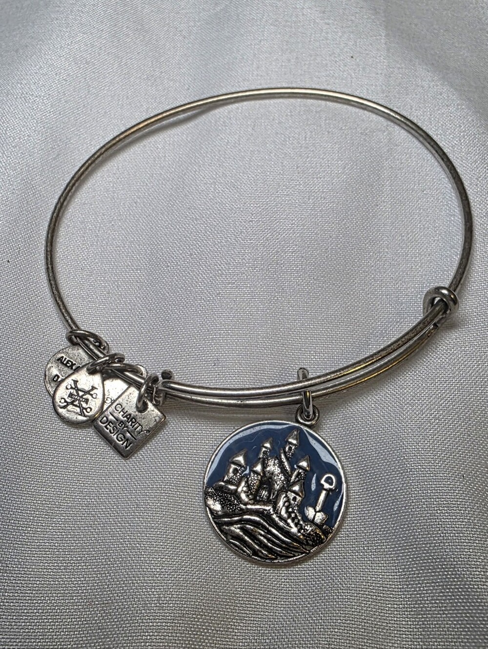 Alex and Ani Sandcastle Silver Charm Bangle with Blue Enamel Sandcastle Charm